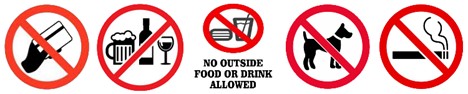 Image of food and drink crossed out because they are not allowed to be brought into the farm. 