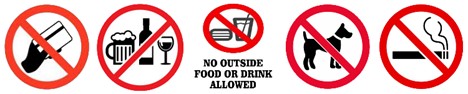 Image of food and drink crossed out because they are not allowed to be brought into the farm.